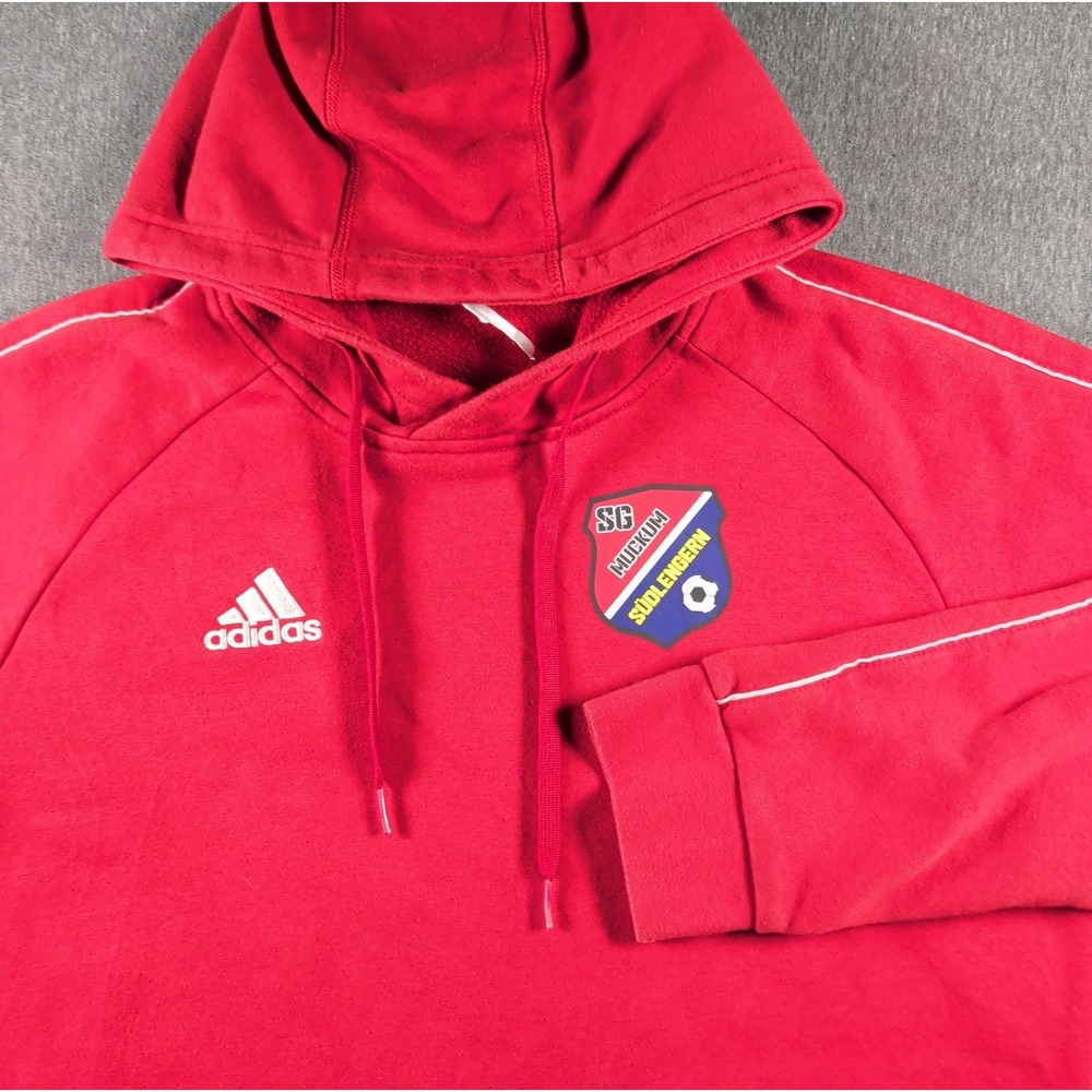 ADIDAS Red Soccer Hoodie Sweatshirt White Piping Sz L Pullover Bünde Germany EUC